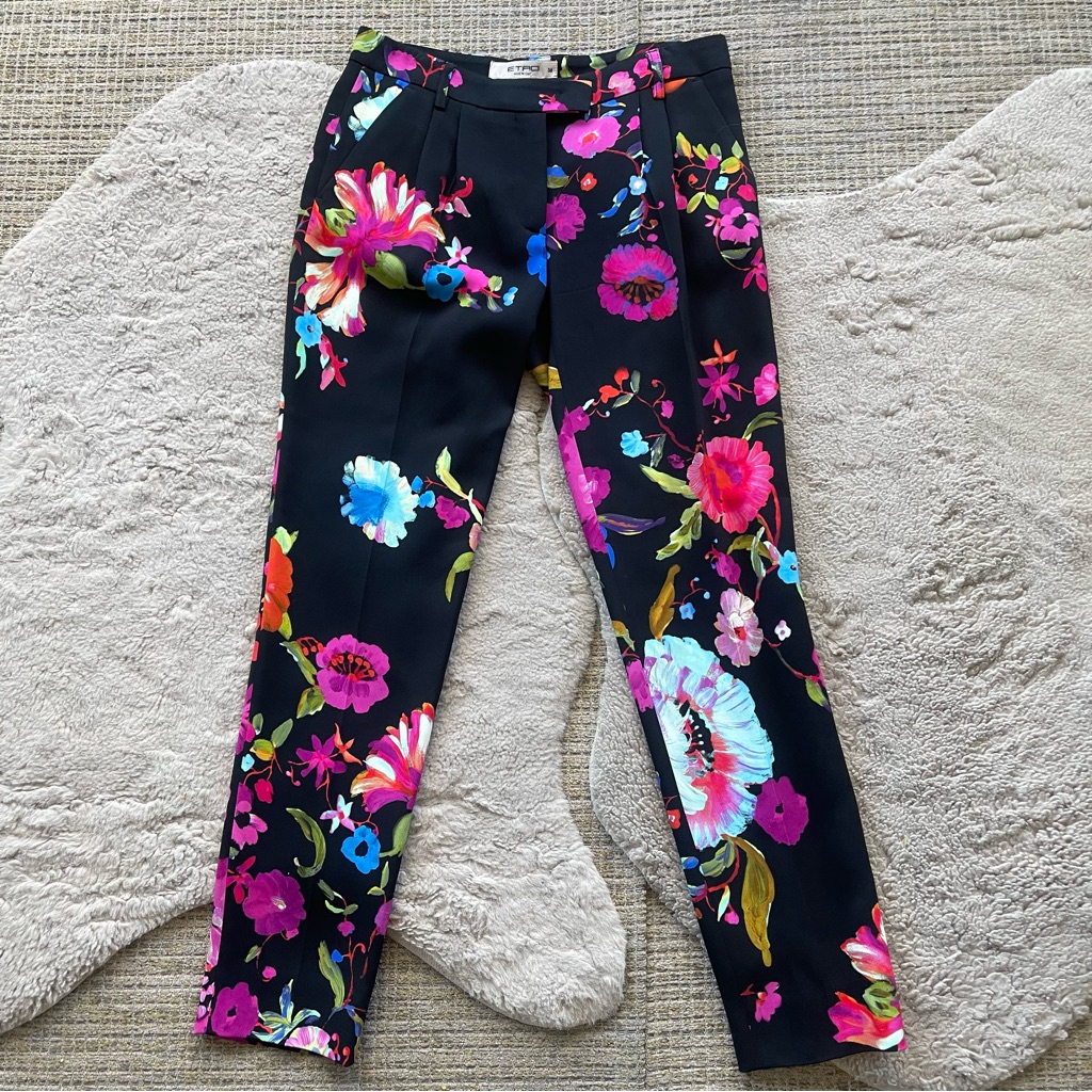 Etro Black Straight Leg Pants With Floral Design